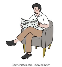 Man reading newspaper cartoon vector illustration minimal line art style