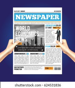 Man reading a newspaper composition with human hands holding economic journal with text paragraphs available for editing vector illustration