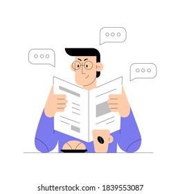 Hombre leyendo periódico con taza de café y cruasán aislados de fondo blanco. Ilustración de dibujos animados planos vectores. El concepto de tabloide de medios de papel. Diseño para banner, tarjeta, página de inicio
