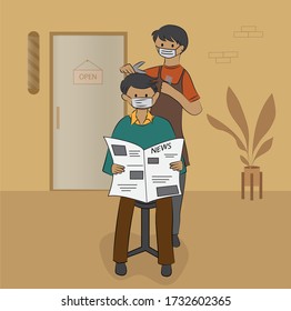 Man reading newspaper is doing hair cut at a barber shop salon. Barber shop is open during pandemic. vector illustration.