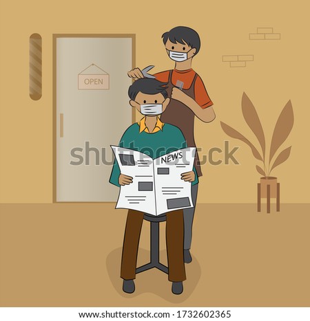 Man reading newspaper is doing hair cut at a barber shop salon. Barber shop is open during pandemic. vector illustration.