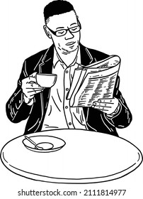 Man reading newspaper drink coffee People Cafe lifestyle Hand drawn line art Illustration