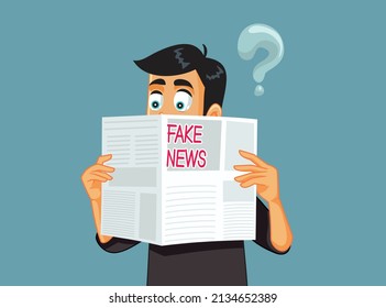 

Man Reading Newspaper Having Inquiries Vector Cartoon Illustration. Skeptical mass media reader having doubt about manipulation and propaganda disinformation
