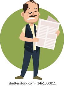Man reading newspaper, illustration, vector on white background.
