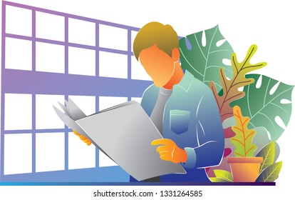  man reading a newspaper at libabry for landing page illustration and poster