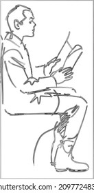 Man reading a newspaper. Line art black and white drawing of person reading a magazine. 