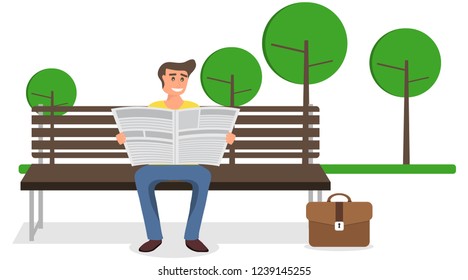 A man reading a newspaper on a bench in the park. A man sits on a bench and reads a newspaper. Vector illustration of a man with a newspaper.