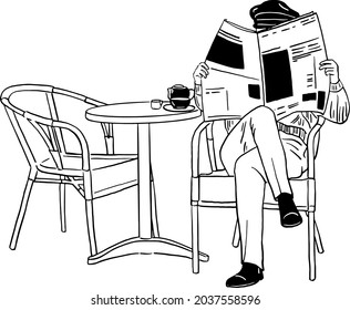 Man reading newspaper on street cafe Hand drawn line art illustration