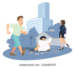 Man reading newspaper in open sewer hatch. Funny people. Illustration concept template for website, web landing page, banner, presentation, social, poster, promotion or print media.