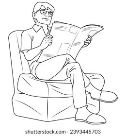 A man reading newspaper in outline and vector.