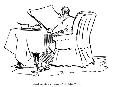 Man Reading Newspaper, paper, sitting, table, breakfast, vintage line drawing or engraving illustration.