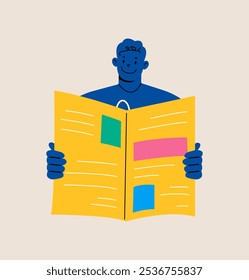 Homem lendo jornal, reportagens, boletim. Ilustração vetorial colorida