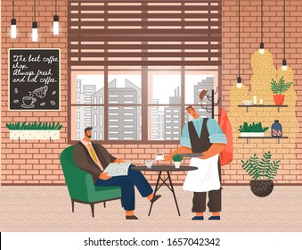 Man reading newspaper served by waiter giving coffee to client. Interior of coffeehouse with window and lights, decorative plants and board. Cafe for resting and drinking tasty coffee, vector in flat