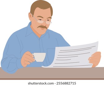 man reading newspaper. man reading newspaper with tea coffe