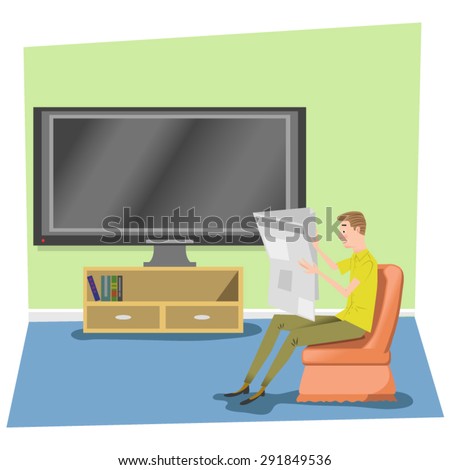 Man reading newspaper with TV turned off in background