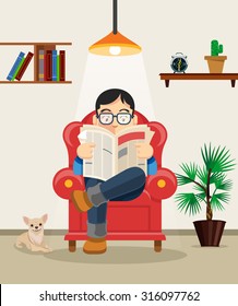 Man reading newspaper. Vector flat cartoon illustration