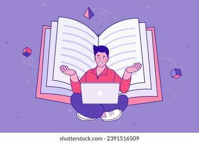 Man reading with notebook. Boy learning and sitting on big books. User Reading Guidebook and Writing Technical Instructions. Online Library Concept. Study, learning knowledge and education vector.