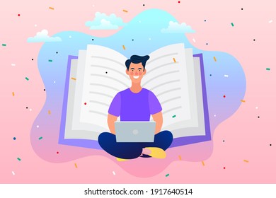 Man reading with notebook. Online Library Concept. Study, learning knowledge and education vector.