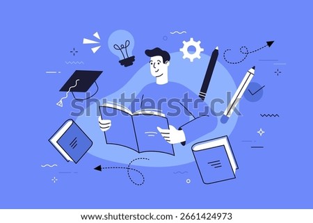 Man reading opened book for education concept. Thin line vector illustration of student learning and studying for knowledge development.