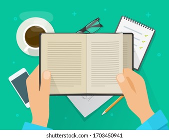 Hombre leyendo el libro de papel encima del escritorio de la mesa de trabajo o manos masculinas manteniendo libros de texto abiertos y aprendiendo vectorial vista superior del lugar de trabajo ilustración de estilo plano de escritorio, concepto educativo o diseño moderno de estudio