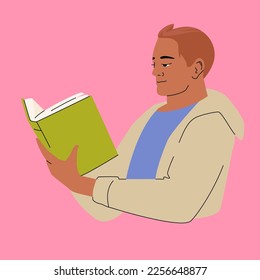 Hombre leyendo un libro de papel. Caricatura. Concepto de educación o de buenos hábitos. Ilustración vectorial colorida aislada en el fondo rosado. Trazo editable.