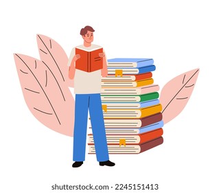 Mann liest das Buch, steht in der Nähe des Buchstapels. Lesekonzept. Bibliothek, Buchladen. Flacher Cartoon, Vektorgrafik.
