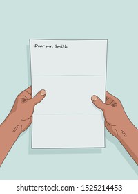 Man reading a paper mail letter. Male hadns holding A4 blank. Mockup of empty folded letter paper with copy space. First-person view vector illustration
