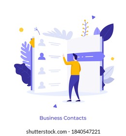 Man reading phone book or notebook. Concept of contact information of business partners, digital communication with company or community. Modern flat colorful vector illustration for poster, banner.