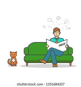 man reading the press on the couch. flat illustration of a man with a newspaper and a cat