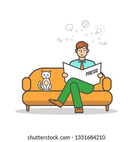 man reading the press on the couch. flat illustration of a man with a newspaper and a cat