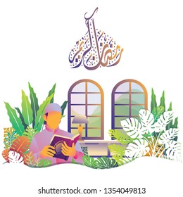 man reading quran during ramadan kareem in the cozy room with arabic calligraphy in diwani jaly style means holy ramadan kareem moon