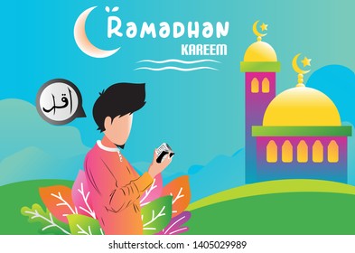 a man is reading the Qur'an, he is wearing an orange shirt and there is a purple mosque with a yellow dome. This vector can be used for greeting cards, posters, stickers and brochures.