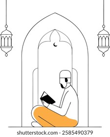 A man is reading the Quran inside a mosque arch with Ramadan lanterns above, showing calmness during prayer.