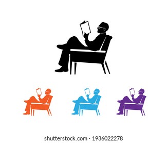 hombre leyendo y sentado en el sillón. Icono, símbolo o logotipo vectorial