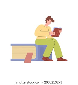Man reading sitting on huge book flat cartoon vector illustration isolated on white background. Young smiling man cartoon character studying with book.