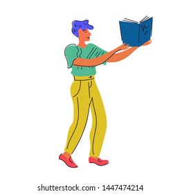 Man  reading or student studying and preparing for examination the symbol for Book Day. Book lovers or  readers the fan of  literature doodle vector illustration isolated on white background.