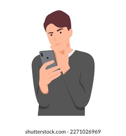 Man reading text on phone screen. thinker, worry, doubt. vector illustration.