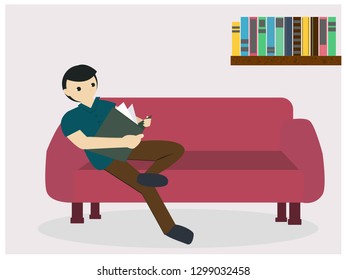 man reading textbook icon vector illustration design.man reading book in the sofa avatar character.
