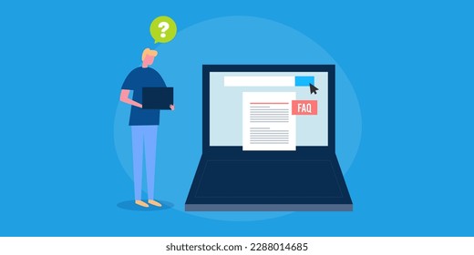 Man reading website frequently asked question. Faq website page - Laptop screen with web page - flat design vector illustration with icons