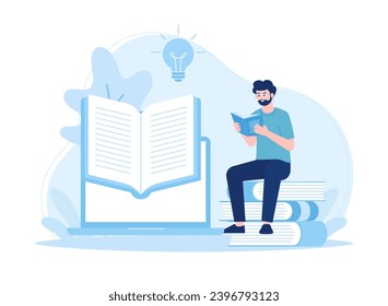 man is reading while sitting on a book with knowledge learning trending concept flat illustration