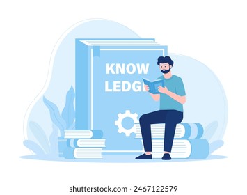 A man reads a book and explores science trending concept flat illustration