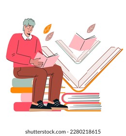 Man reads book flat vector illustration isolated on white background. Reading and literature, bookstore and library, knowledge power theme.