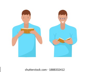 A man reads a book, he has myopia, poor eyesight, a person sees well up close, and in the distance in glasses, vector illustration in a flat style