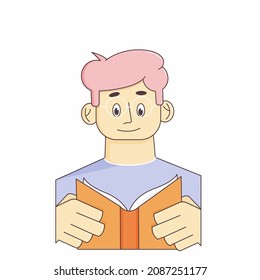 A man reads a book. He has glasses in front of him. 