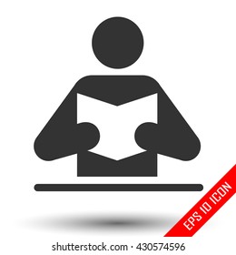 Man reads book icon. Reading book flat design. Silhouette of man with book isolated on white background. Vector illustration.