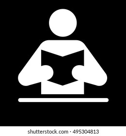 Man reads book icon. Reading book flat design. Silhouette of man with book isolated on black background. Simple vector illustration.