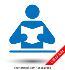 Man reads book icon. Reading book flat design. Silhouette of man with book isolated on white background. Vector illustration.