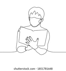 man reads a book in a mask. one line drawing of a man wearing a protective mask holding an open book in front of him