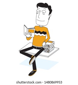man reads a book on a bench