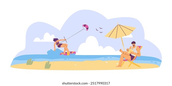 A man reads a book on a sandy beach under an umbrella. In the background, a woman is kitesurfing on the sea. Water activity. Vacation. Hot day. Relax. Vector illustration isolated on white background.